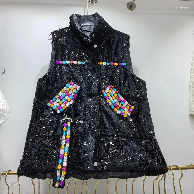 Women's Vests Winter Ladies Fashion Loose Sleeveless Cotton-Padded Vest Coat Women Elegant Embroidery Sequins Beaded Puffer Jacket 2024