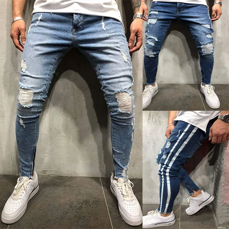 Sidrandig blå rippad denim långa byxor byxor oroliga tvättade cyklist coola smala jeans mens high street byxor