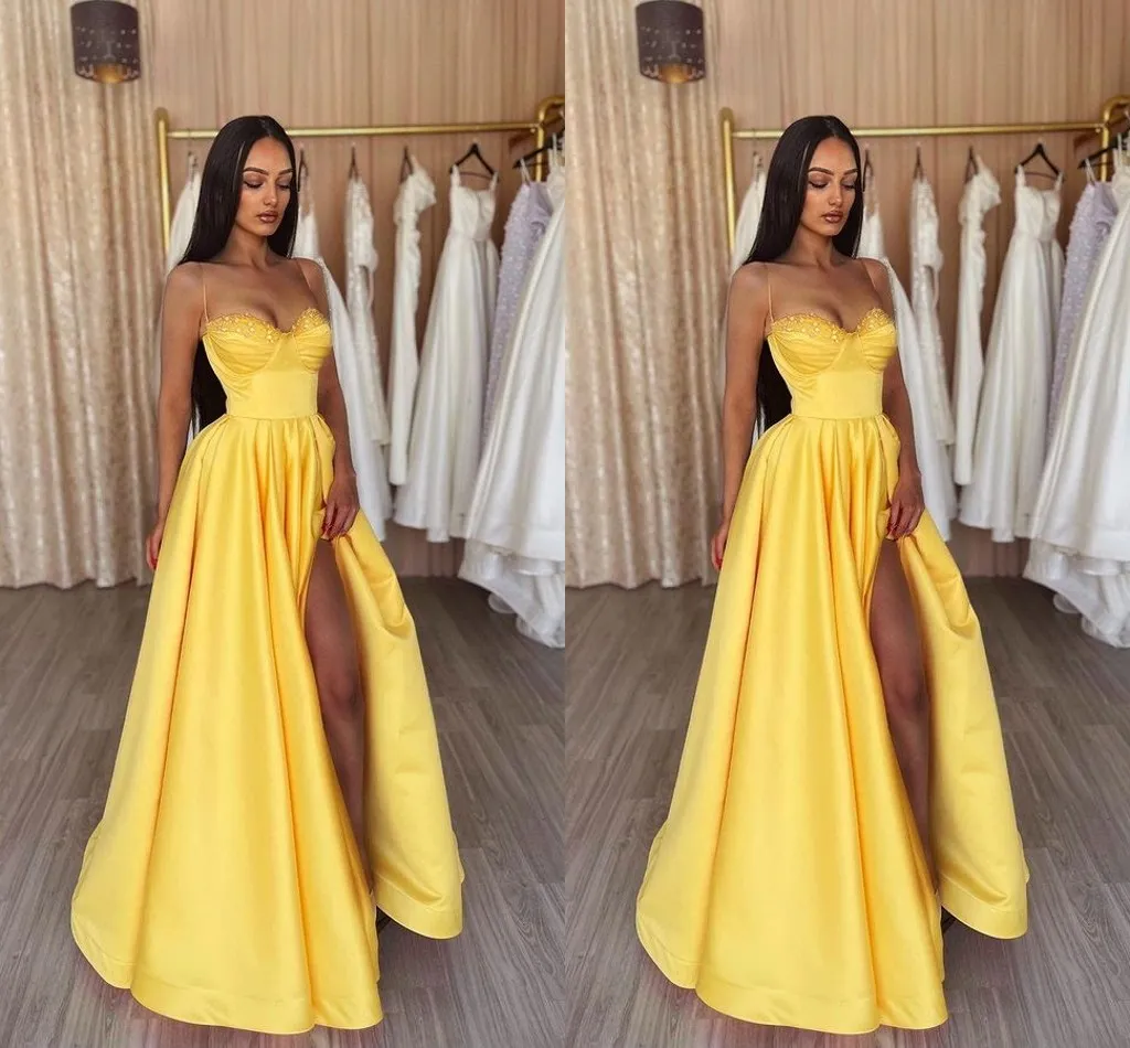 Sexy Yellow A Line Prom Dresses Long for Women Spaghetti Straps Sweetheart High Side Split Formal Occasions Evening Birthday Party Second Reception Pageant Gowns