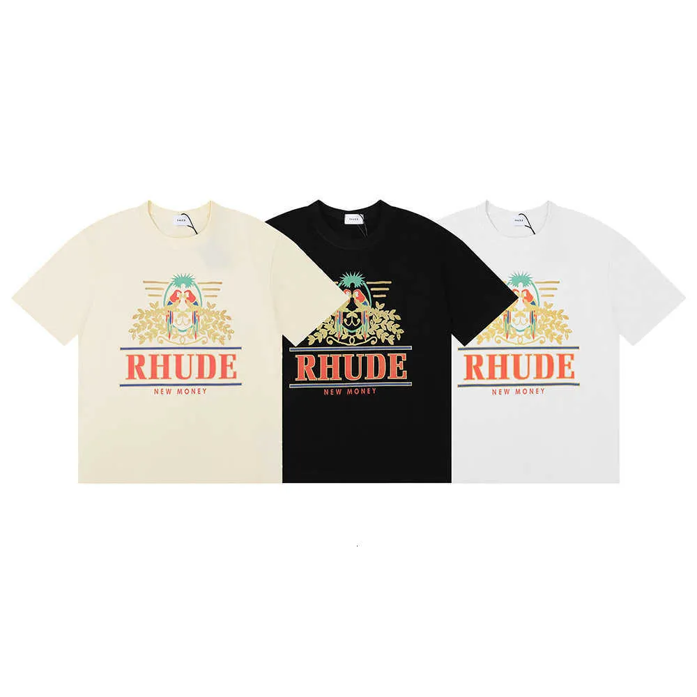 موضة مكانة Rhude Long Tailed Parrot Print Hip-Hop للجنسين فضفاضة قميص قصير الأكمام القصير