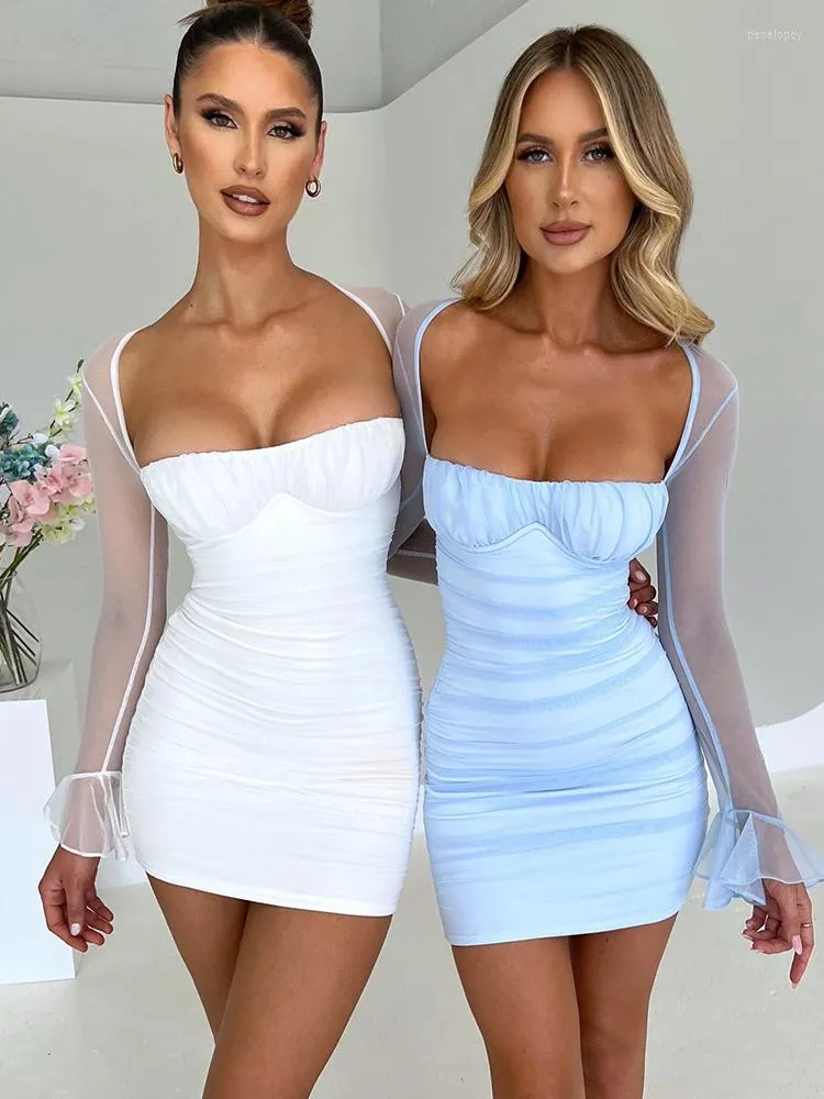 Sukienki swobodne 2023 Seksowna elegancka mini sukienka bez pleców dla kobiet szatę z dwuwarstwową siatką pełne rękawie zamek błyskawiczny