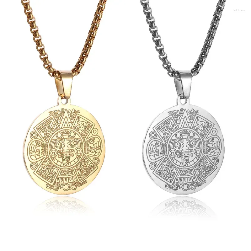 Pendant Necklaces Stainless Steel Amulet Round Aztec Mayan Calendar Mythical Beast Necklace For Men Women Couple Jewelry Accessories