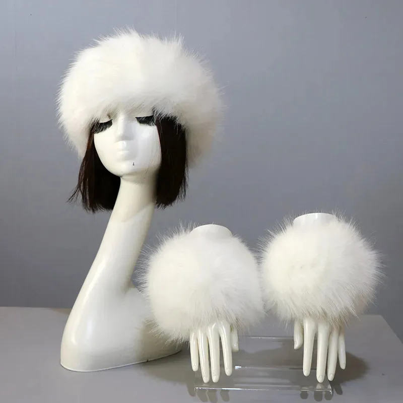 Kapelusze szaliki zestawy 3pcsset kobiety zima sztuczne mankiety na głowę futra moda ciepło żeńskie rękawy na nadgarstki czapki rosyjski styl 231121