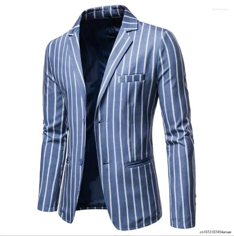 Ternos masculinos casuais de tamanho grande, blazers, jaqueta, listras azuis e brancas com dois botões, blazer formal masculino