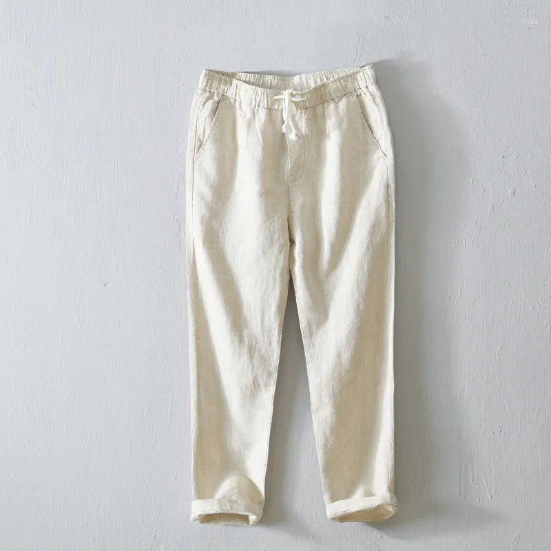Мужские брюки 2023, весна/лето, простые однотонные прямые брюки со шнуровкой, повседневные льняные дышащие длинные брюки
