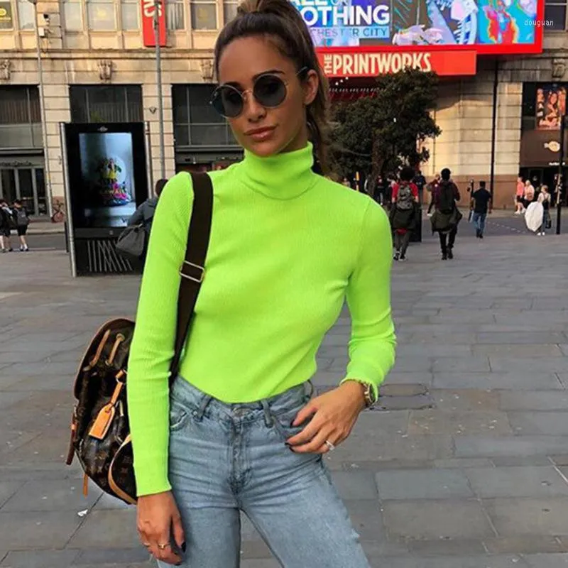 T-shirt da donna 2023 Autunno Inverno Neon Colore verde Camicia a costine Donna T-shirt a maniche lunghe a collo alto T-shirt lavorata a maglia Tee Femme