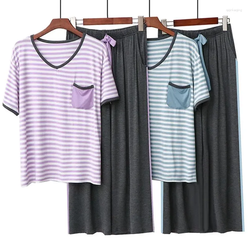 Women's Sleepwear Summer Knitted Modal Two Piece Short Sleeved Women Pajamas Sets Ladies Pyjamas Striped Casual Pijamas De Mujer