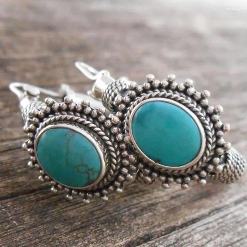 Boucles d'oreilles pendantes Boho ovales Turquoises pierre Vintage Antique couleur argent cercle métal petit cerceau pour femmes filles