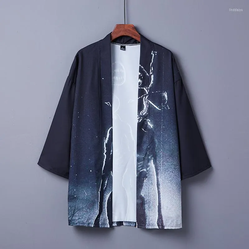 Kurtki męskie #5024 Summer Printed Jacket Men Open Stitch Harajuku Streetwear Kimono męskie płaszcze męskie i luźne cienkie krem ​​przeciwsłoneczny czarny