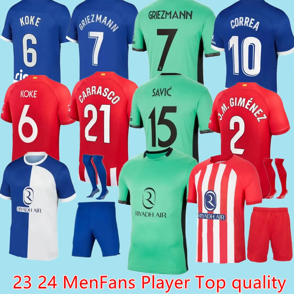 2023 2024 Atletico Madrids Morata Football Jersey 23 24 Koke Griezmann Memphis Correa S.Lino M.llorete Molina Saul Indildo J.M. Gimenez Kids Soccer Soccer Shirt Zestawy mundurowe