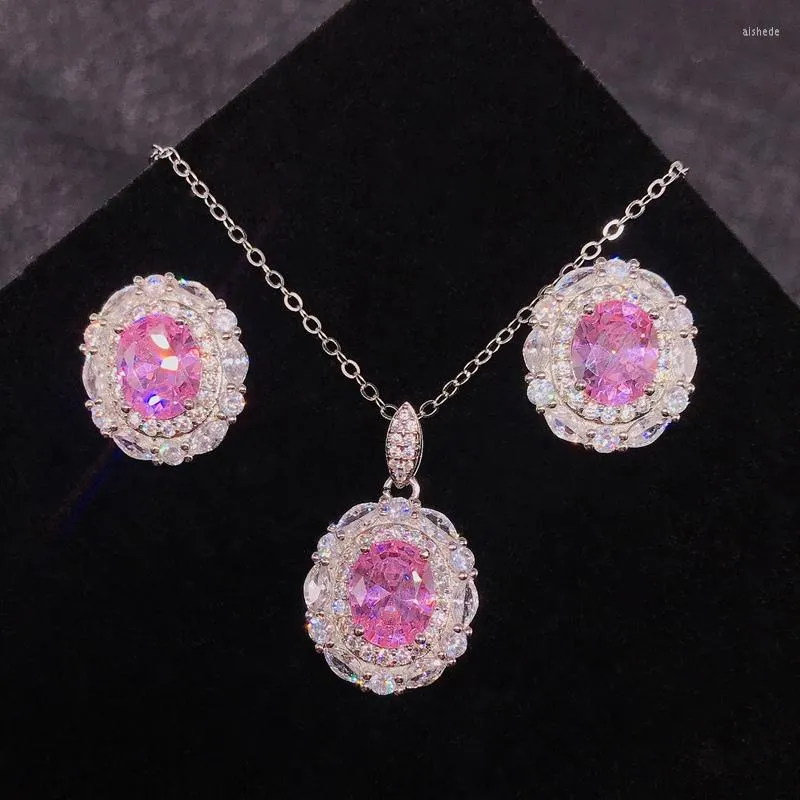 Necklace Earrings Set Unique Design Geometry Pendant Inlay Shine Oval Cubic Zirconia Fashion Eternal Ring Women Wedding Banquet Jewelry