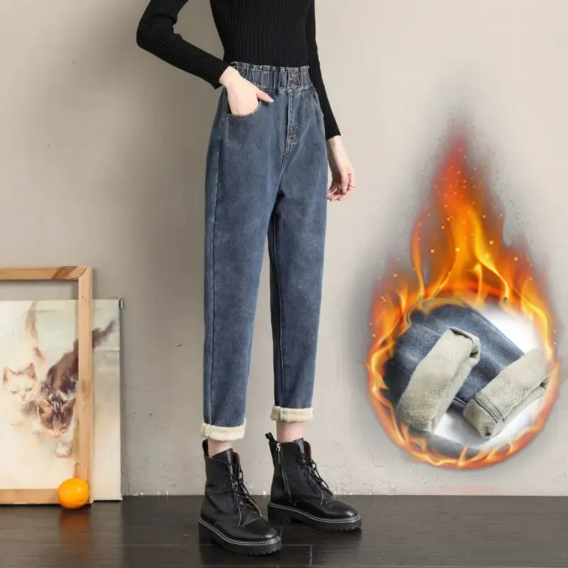 Jeans femininos de cintura alta feminino acolchoado engrossado outono inverno calças largas femininas soltas finas versáteis calças harun modelos femininos 231121