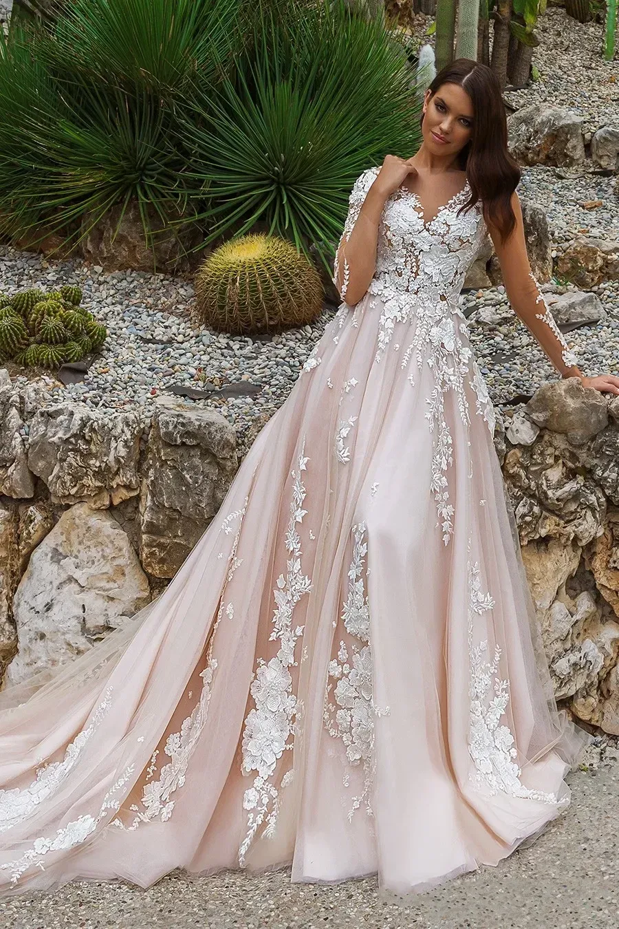 fitted lace wedding dress Elegant Long Sleeve Pearl Embellished Crepe Wedding Dress Patricia Marion 10US/42FR/14UK / Milk+Nude