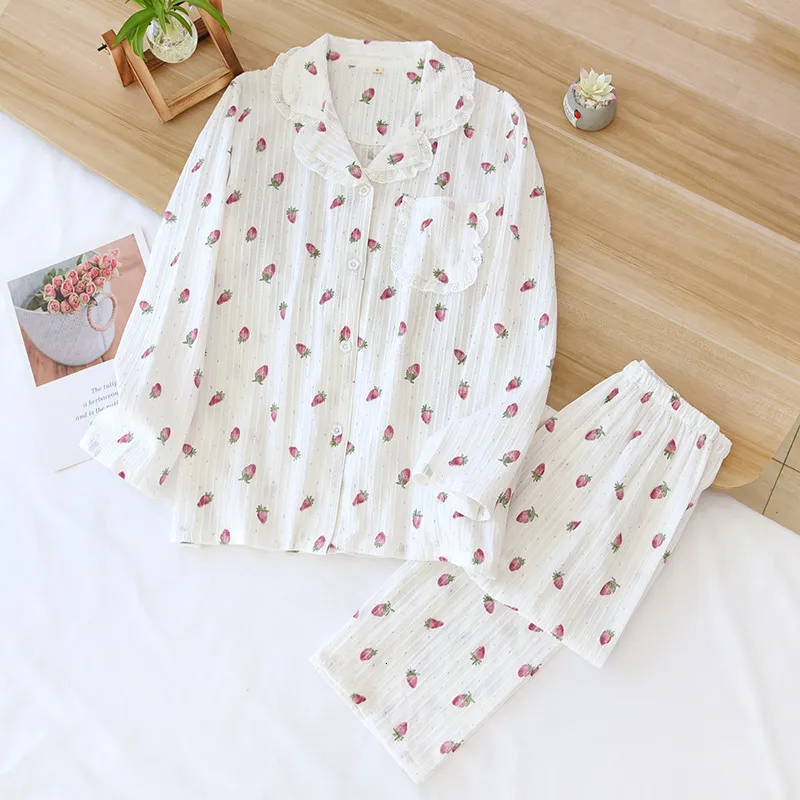 Женская одежда для сна 2 штуки женщина пижама хлопковая пижама набор летняя досуга для сна каваи -клубничная печать с длинным рукавом Домашняя одежда 230421