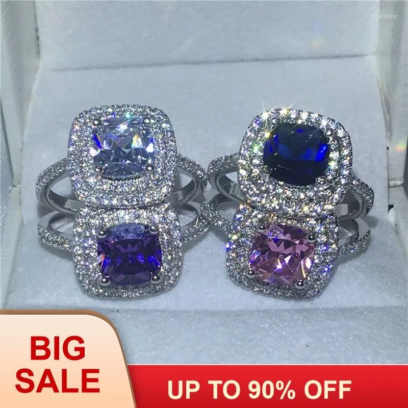 Wedding Rings 4 Colors Gems Anniversary Band Ring For Women Cushion Cut 3ct 5A Zircon Crystal Silver Color Bijoux