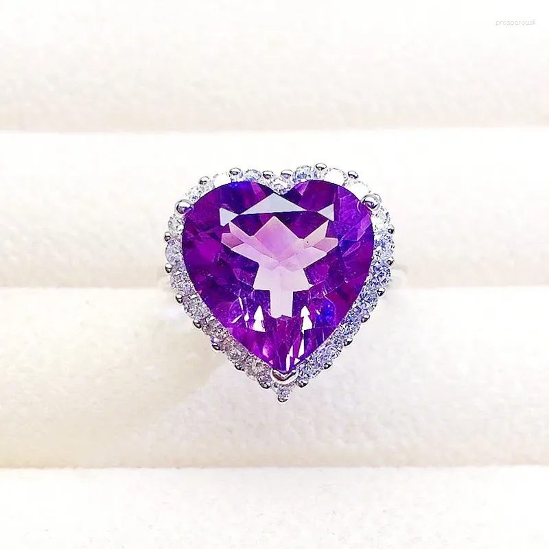 Cluster-Ringe, natürlicher echter Amethyst, Liebesherz-Stil, großer Ring, 925er Sterlingsilber, 12 12 mm, 6,5 ct Edelstein, feiner Schmuck für Frauen, X222175