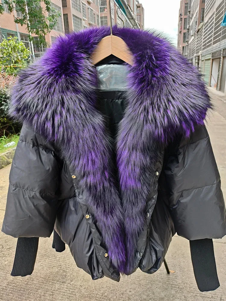 Womens Down Parkas OFURTEBUY Winter Women Coat White Duck Jacket Super Large Real Silver Fox Fur Collar With Knit Sleeve Fashion Outerwear 231120