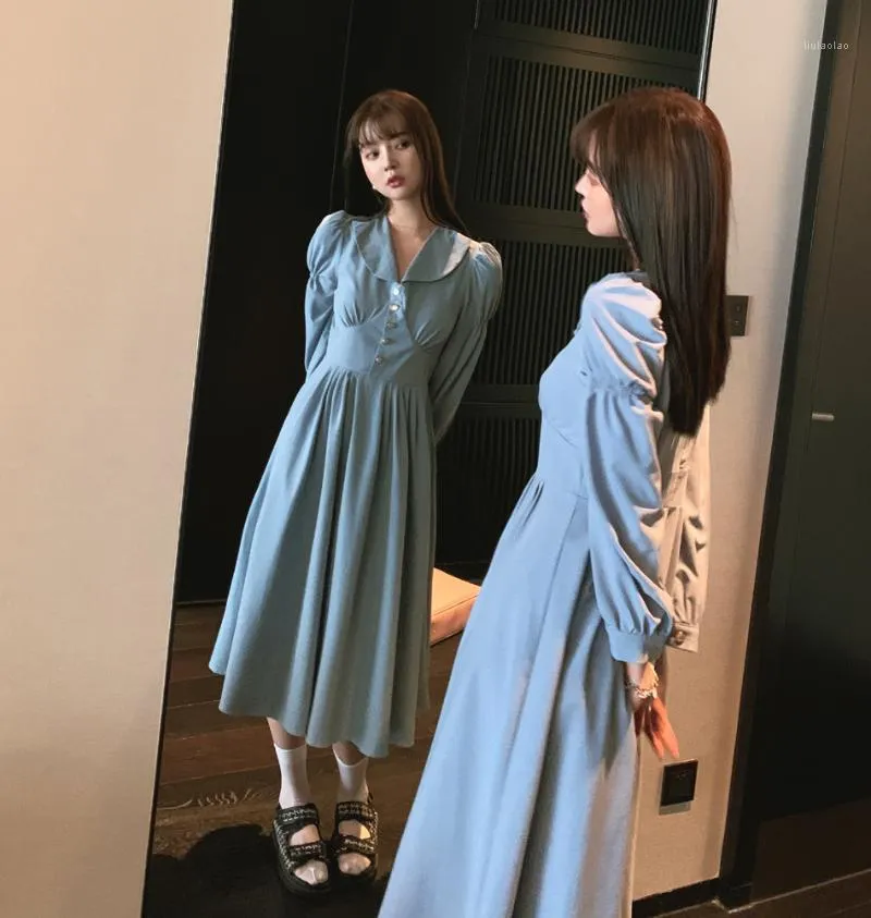 Casual Dresses Autumn Winter Blue Women Dress Modis Soild 2023 Elegent Work Femme Party Long Sleeve Gothic Clothes R105