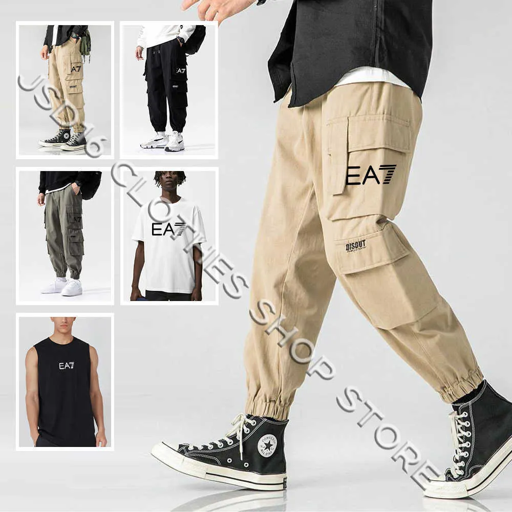 Pantaloni da uomo Homens carta impresso calas hip hop joggers calas masculinas dos homens slido multibolso carga calas moletom algodo t camisa tanque J230420