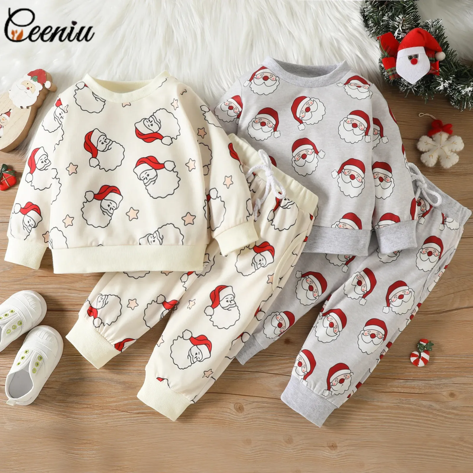 Kläder sätter ceeniu baby julkläder outfit sätter pojkar flickor jultomten tröjor och byxor pyjamas set for borns year costume 231120