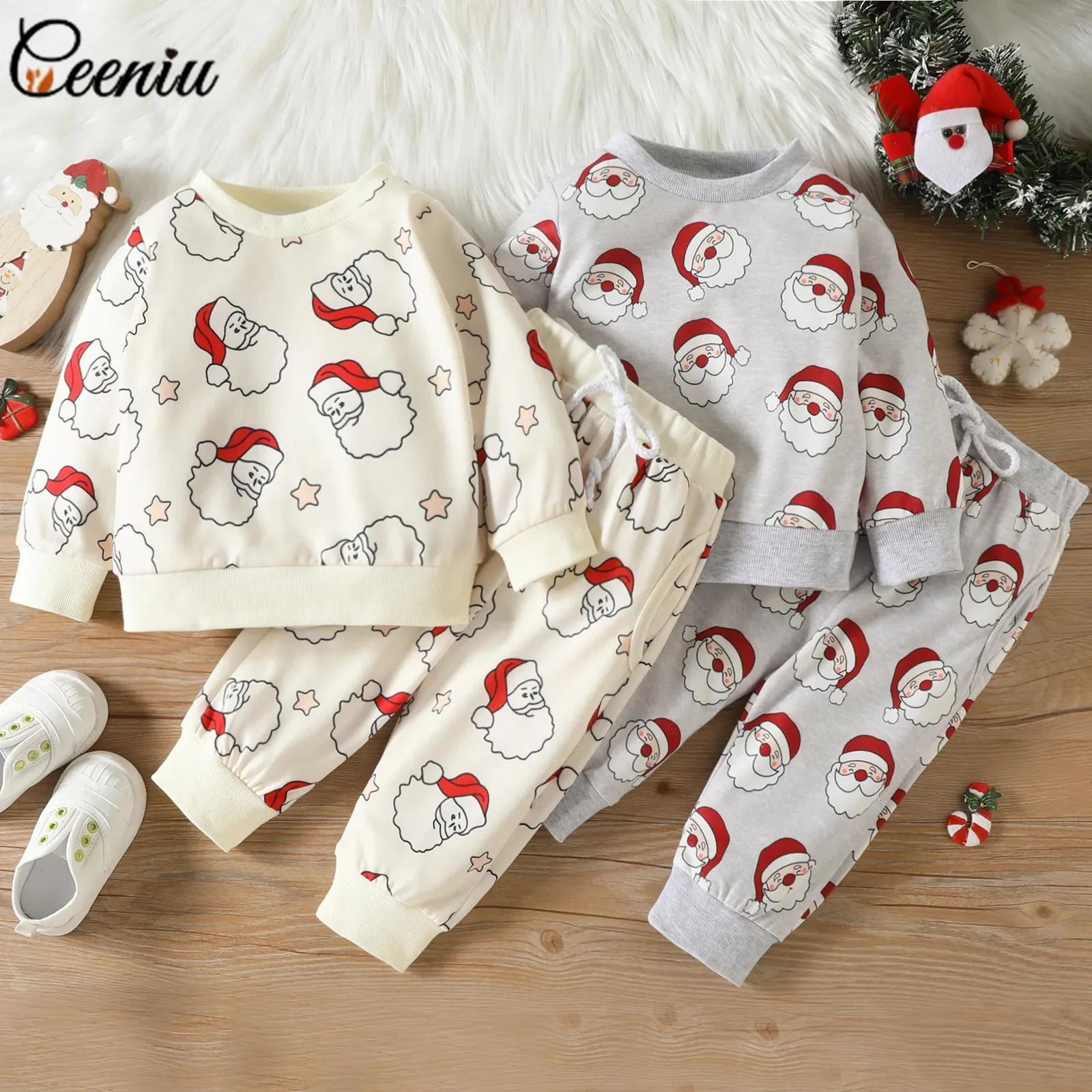 Conjuntos de ropa Ceeniu, ropa navideña para bebés, conjuntos de trajes para niños, niñas, sudaderas y pantalones de Papá Noel, conjunto de pijamas para disfraz de año de nacimiento 231120