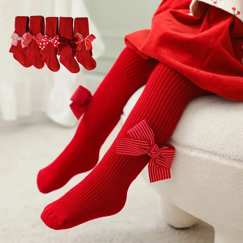Kids Socks Christmas Baby Girls Knitted Socks Winter Cotton Red Big Bowknot Long Stockings Kids Ribbed Pantyhose Xmas Infant Accessories 231121