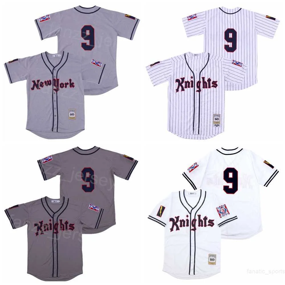 Filme beisebol Nova York NY Jerseys 9 Roy Hobbs 1939 Retro Pinstripe White Team Crey Grey Todos costurados Base Cool Base Respirável Pure Cotton College Cooperstown