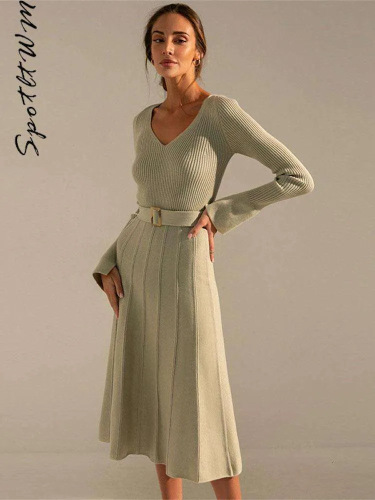 chinese dress ladies Neckerchief Collar Long Sleeve Knee Length A-Line Floral Knit Dress Khaki / L