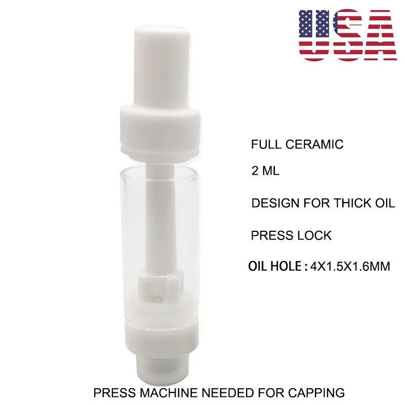 USA Warehouse 2.0ml Full Ceramic Cartridge 510 Thread Press on Vape Cartridges Thick Oil Carts Empty Disposable Vaporizer No Heavy Metal