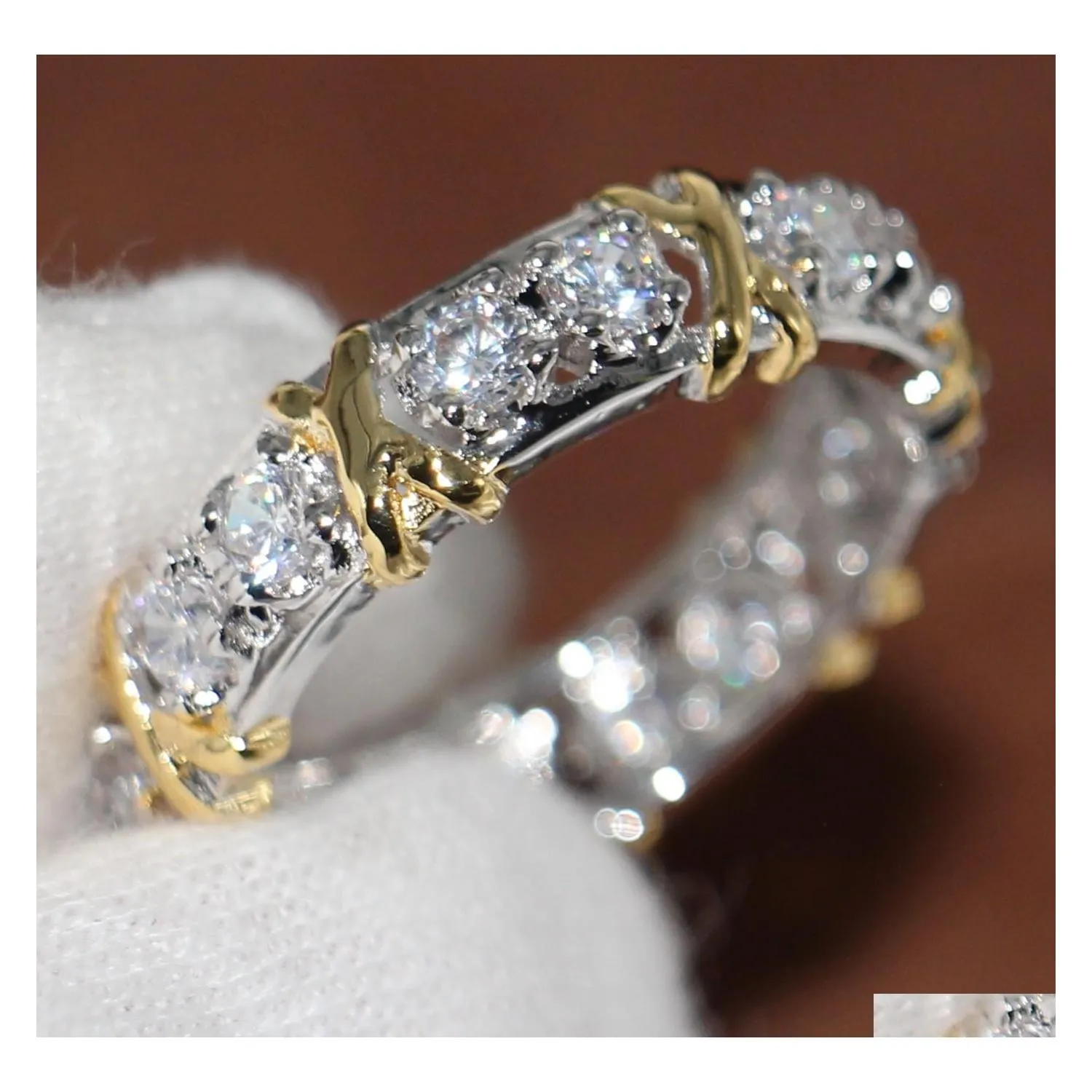 Anneaux de mariage en gros professionnel éternité diamonique cz diamant simulé 10kt blanc jaune or rempli bande bague croisée taille 511 D Dhvhs