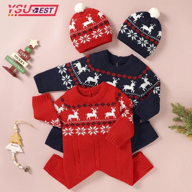 Rompers Christmas Baby Rompers Hats Sets Winter Red Long Sleeve born Boys Girls Knit Jumpsuits Outfits 0-24M Toddler Overalls Clothes 231120