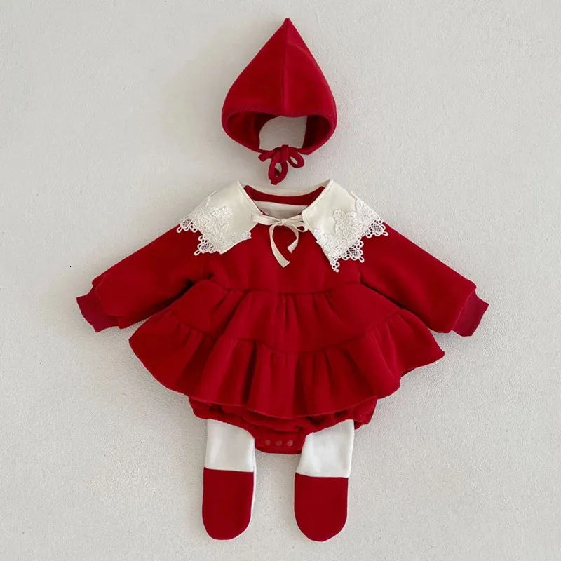 Strampler Weihnachten Rot geboren Baby Mädchen Bodys Kleid Herbst Winter Verdickung Overalls mit Hüte für Säuglingskleinkindkleidung 231121