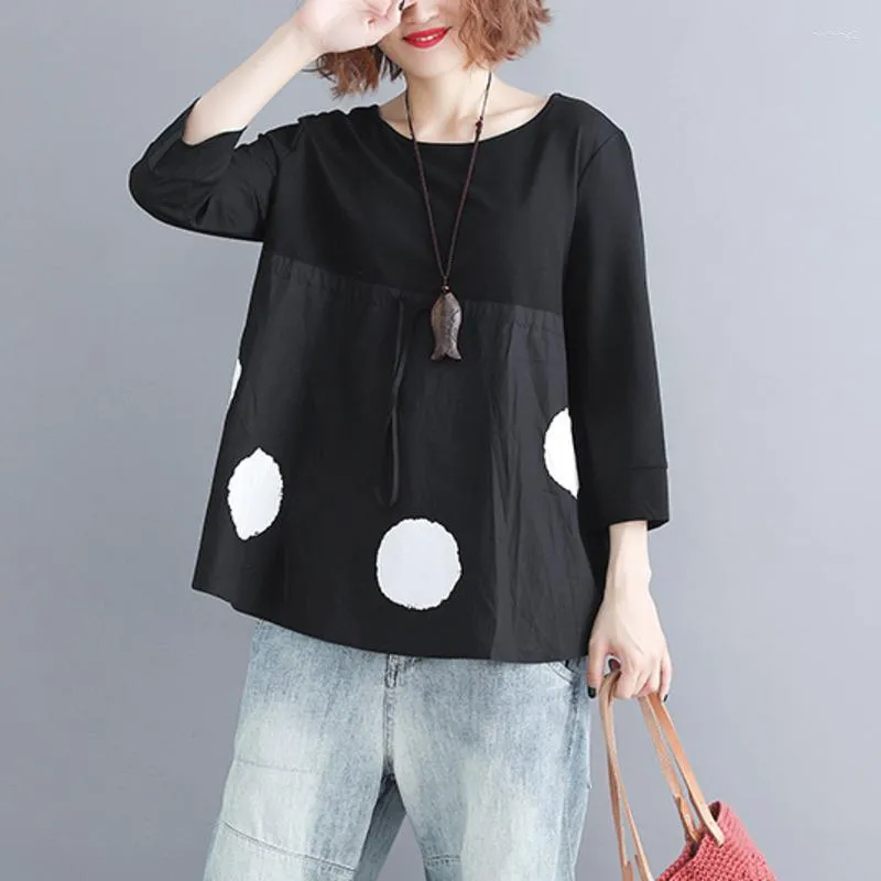 Blouses femininas #2803 Primavera verão Blusa preta de preto mulheres pescoço redondo cor emendada cor solta ploka ponto de impressão estampada estilo coreano