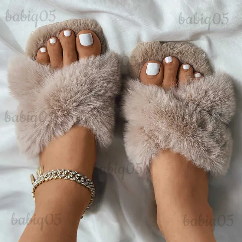 Slippers Winter Dames Beroemdheden Luxe Mode Harige Slippers Platte Hak Pluizig Bont Thuis Slides Kruisband Vloer Slaapkamer Schoenen Dames T231121