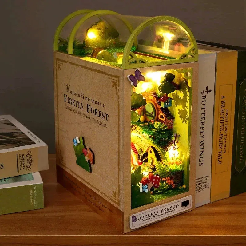 Diy Book Nook Kit - Diy Miniature Bookend Town Forest With Led Light, 3d  Puzzle Wooden Art Bookshelf Insert Decor, Model Kits For Teens/adults To  Buil