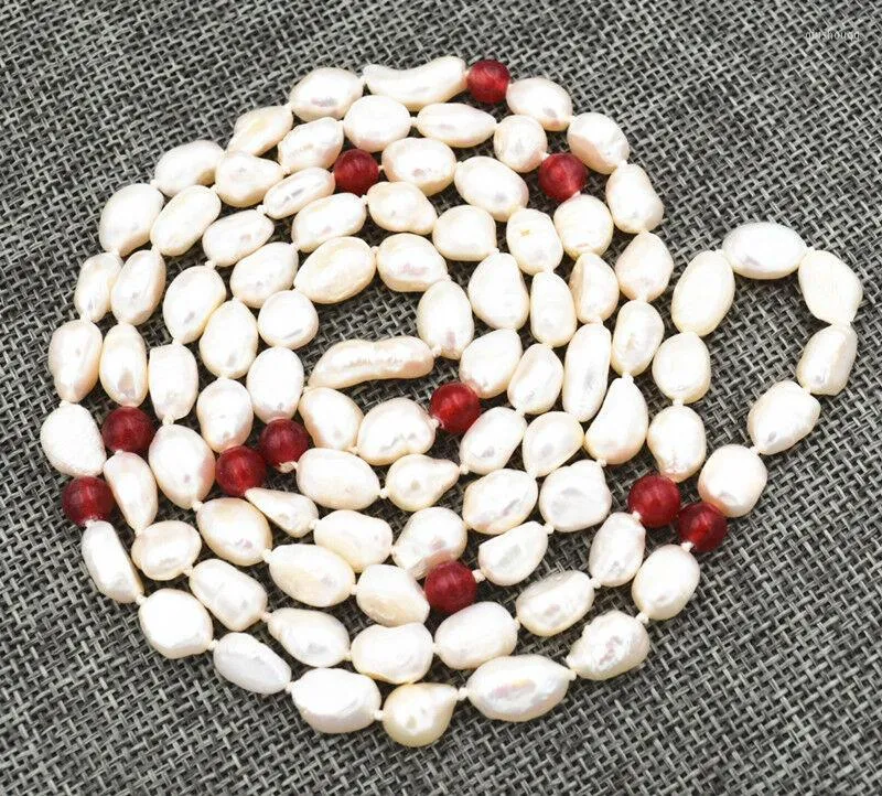 Chaînes Naturel Long 48" 7-8mm Baroque Blanc Perle D'eau Douce Rouge Rubis Collier