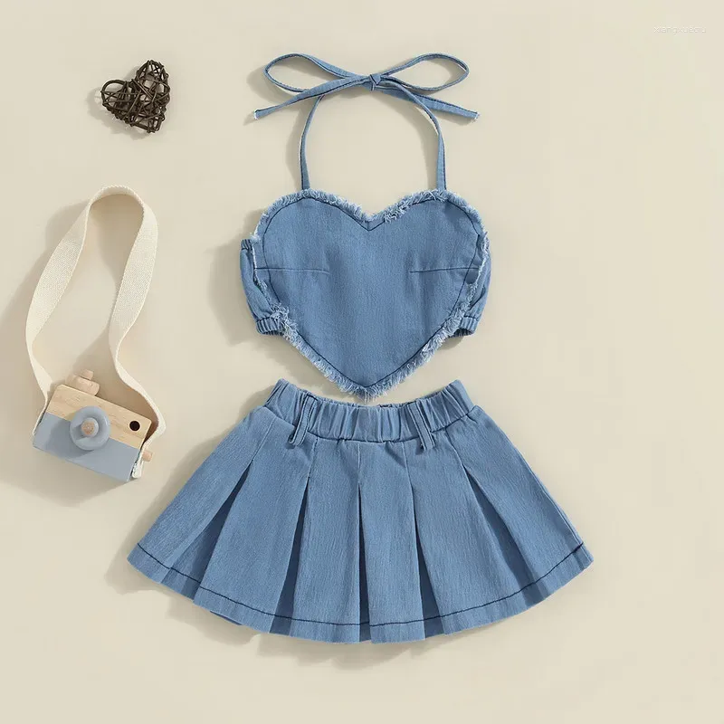 Clothing Sets Toddler Baby Girl 2Pcs Denim Skirts Summer Clothes Outfits Sleeveless Halter Heart Tops And Pleated Skirt Set