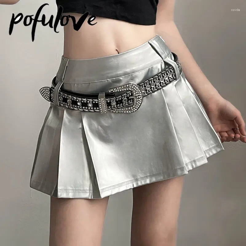 Skirts Leather Skirt For Women Black Gothic Pleated Short Summer Slim Solid A-line Y2K Silver Mini Korean Fashion Clothing