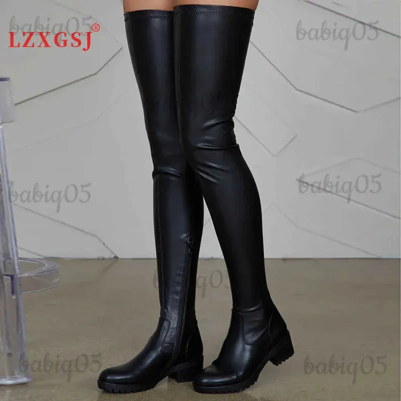 Laarzen 2024 Nieuwe Winter Zwart Big Size 47 Dij Hoge Laarzen Pu Leer Lage Hak Over De Knie Laarzen Dames comfortabele Schoenen Vrouwen Laarzen T231121