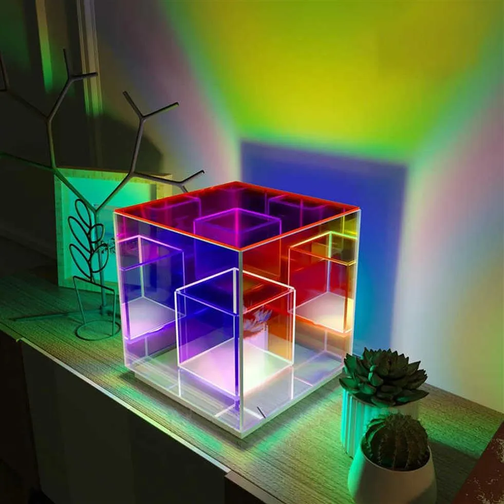 مصابيح الجدول ديكورزيون كوبو لوس notturna rgb atmosfera corlorful Acrilico cubo magico lampada da tavolo ristorante illuminazione277p