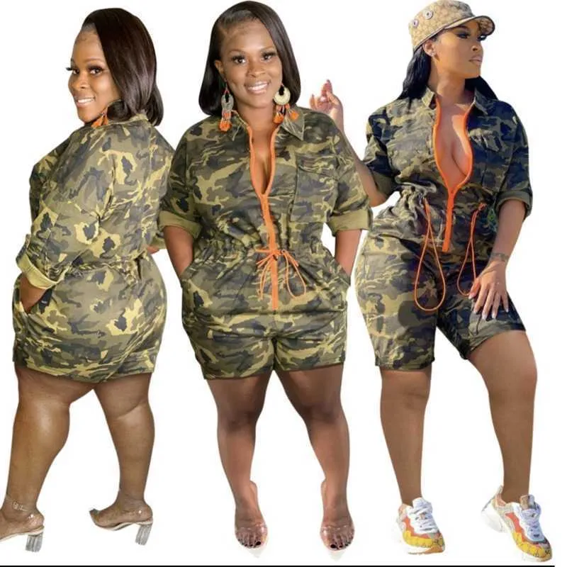 Summer Shorts Women Camouflage Jumpsuits Designer Onesies Fashion Cardigan Casual Rompers Waist Wrapped Zipper Bodysuit