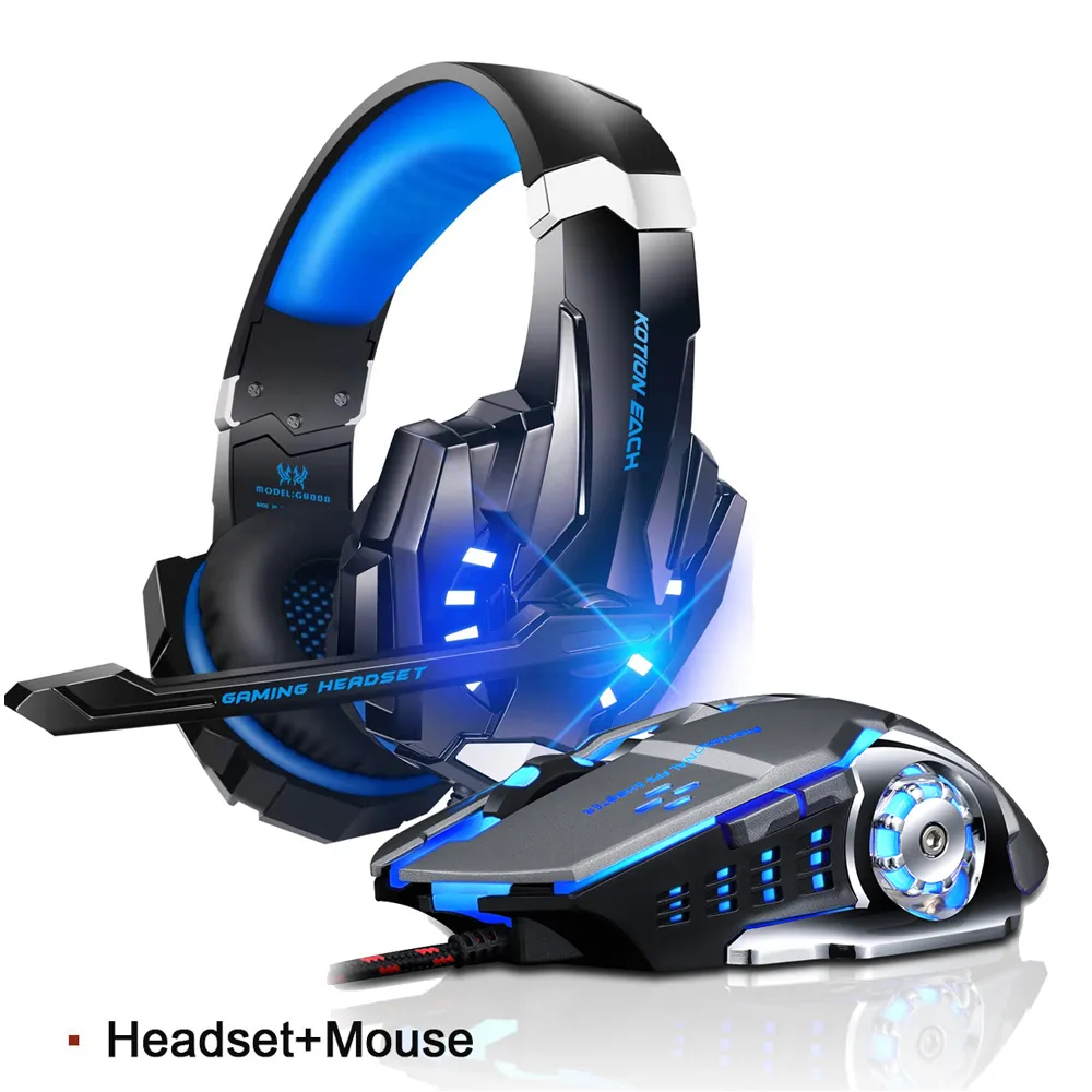 Kotion EACH G9000 Gaming Headset Deep Bass Stereo Game Headphone with Microphone LED Light for PC Laptop Gaming Mouse Mice Pad