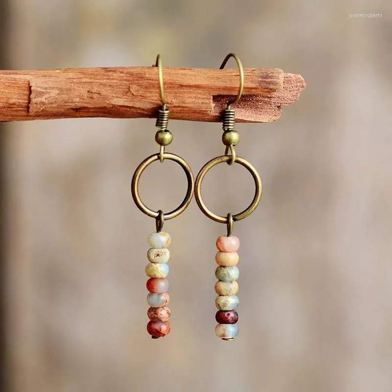 Boucles d'Oreilles Pendantes Vintage Brass Bohemian Jasper Imperial Women Picture Hook