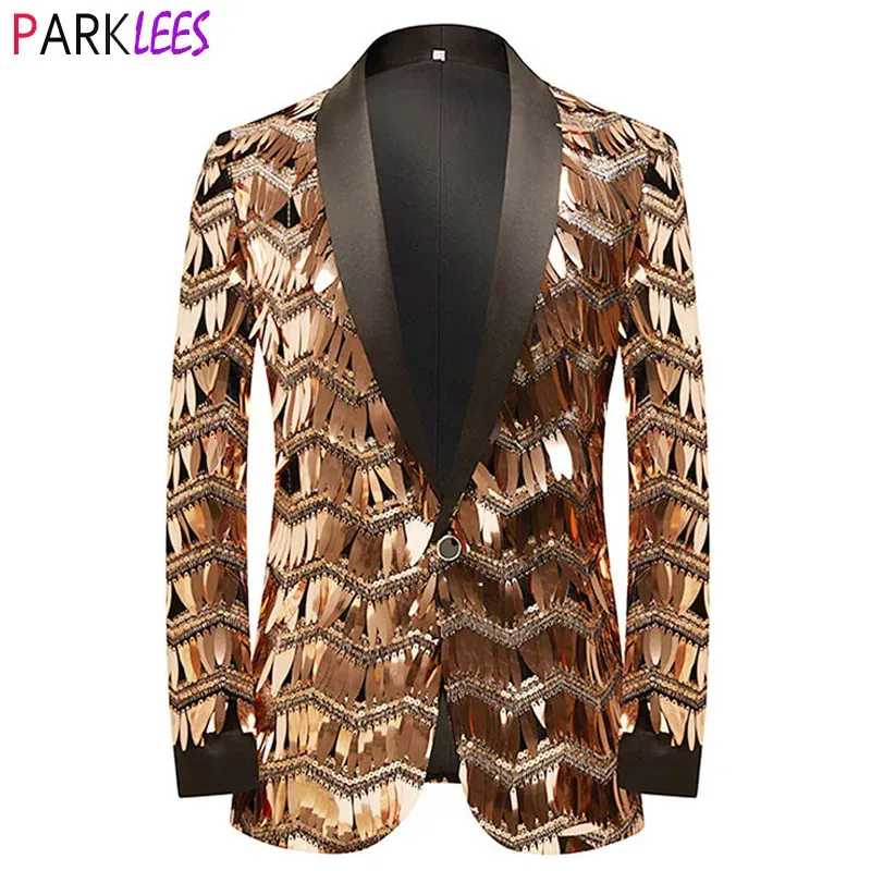 Men's Suits Blazers Mens Luxury Wave Striped Gold Sequin Blazer Jacket Shawl Lapel One Button Shiny Wedding Party Suit Jackets Dinner Tuxedo Blazer 231120