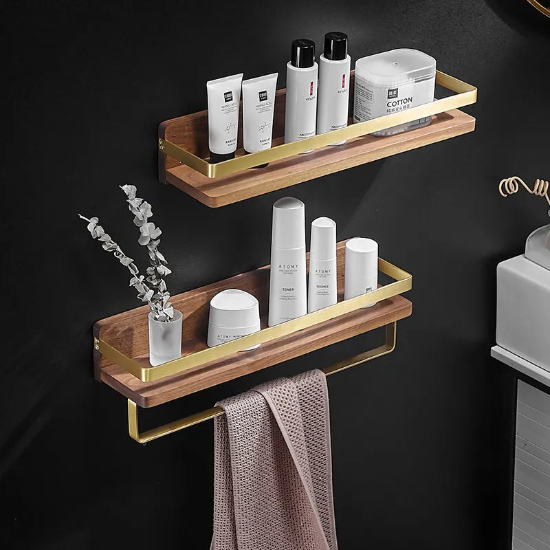 Bathroom Shelves Bathroom Shelf Bath Shower Shelf With Towel Hanger And Hook Wood Corner shelf Wall Mounted Brushed Gold Kitchen Storage holder 230421