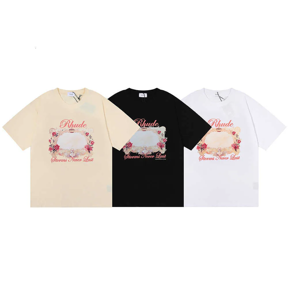 Niche 2022 Beauty Trend Rhude High-definition Rose Magic Mirror Gedrukt Unisex Casual T-shirt met ronde hals en korte mouwen