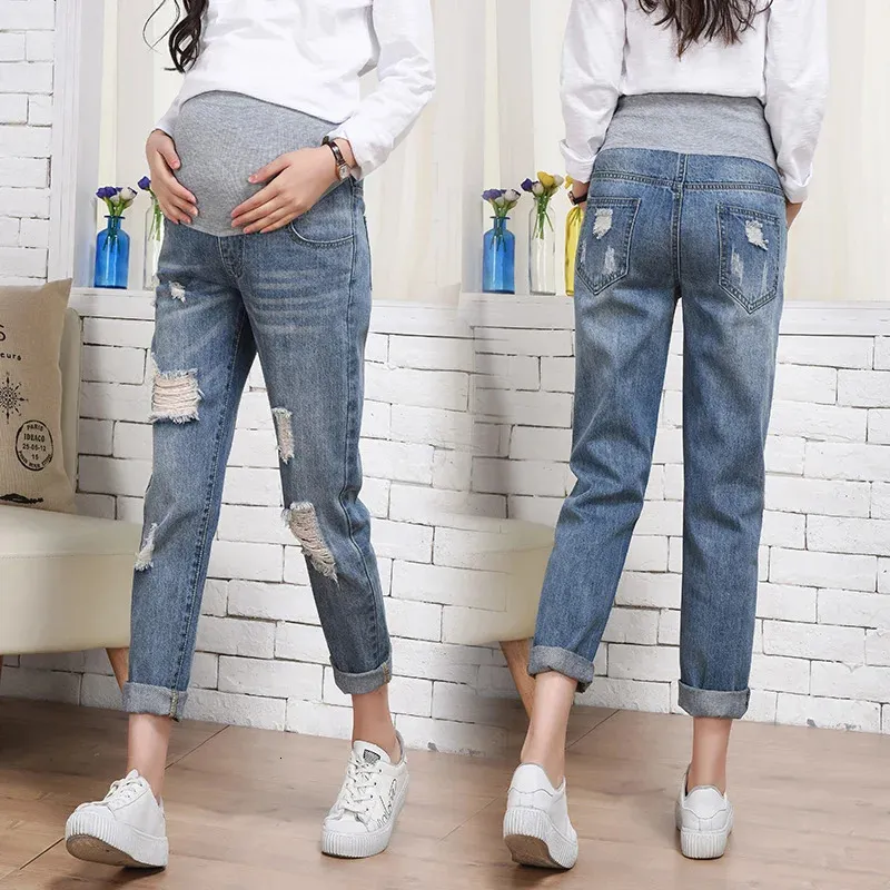 Umstandshose 4XL Ripped Hole Denim Umstandsjeans Frühling Herbst 9/10 Länge Lose Gerade Bauchhose Kleidung für Schwangere Frauen Schwangerschaft 231120