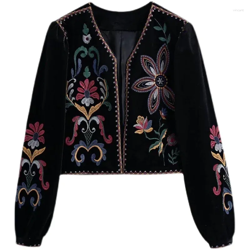 Women's Jackets V-neck Embroidery Flower Velvet Fabric Ethnic Nation Style Retro Jacket Coat Cardigans XSSML