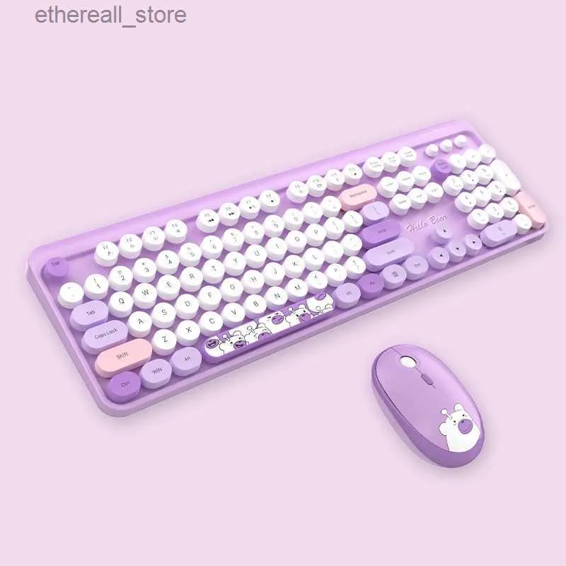 Cute Wireless Keyboard and Mouse Set: Mute, Full Size, Pink, Blue