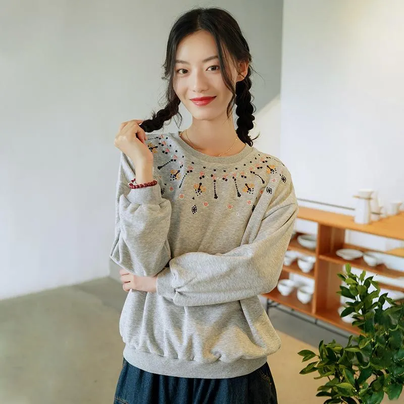 Camisetas femininas Camisa feminina o pescoço de manga comprida impressão de algodão vintage bordada larga bordado outono casual coreano roupas de moda